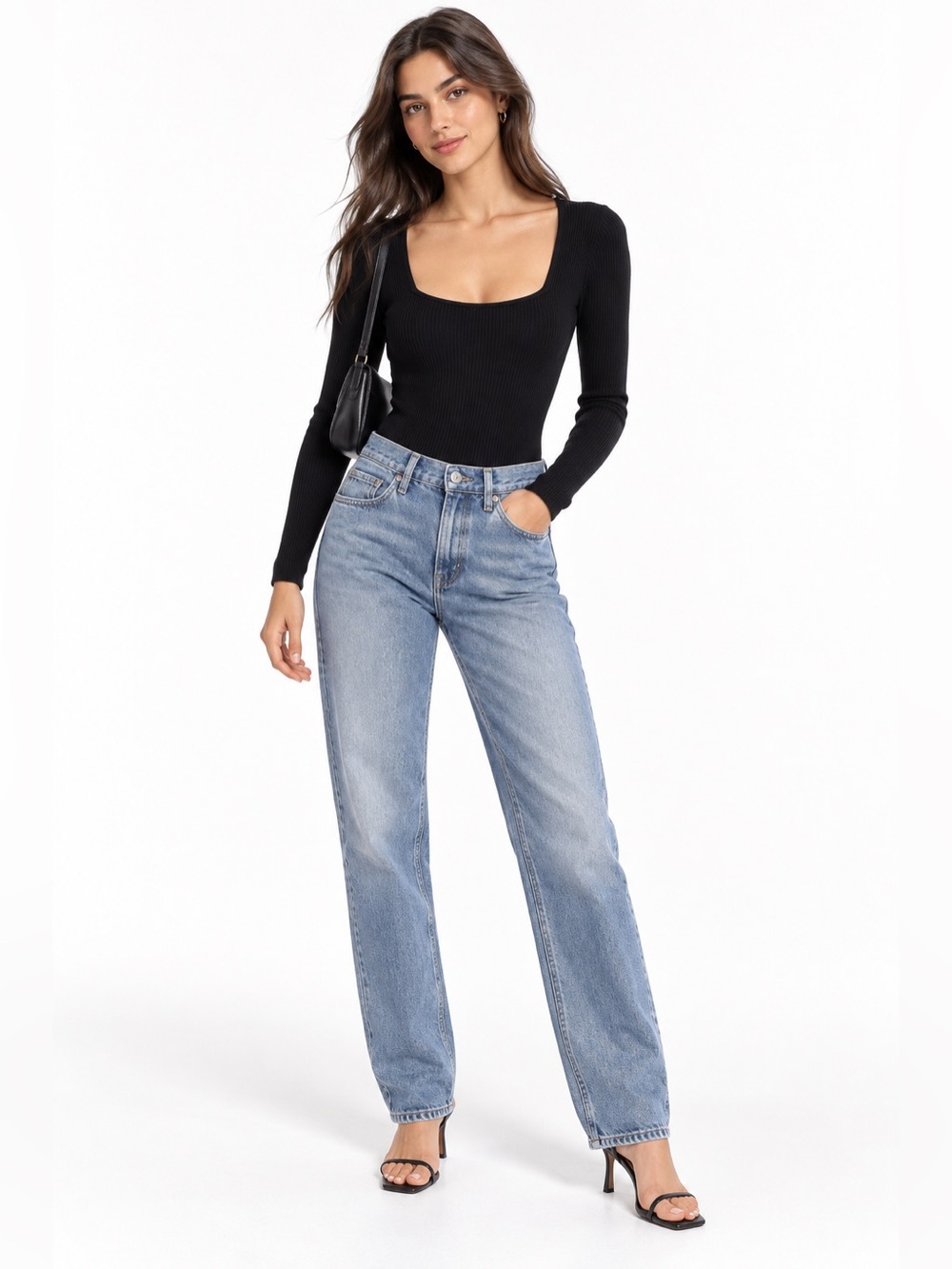 Abercrombie & Fitch Black Ribbed Square Neck Long Sleeve Bodysuit Large